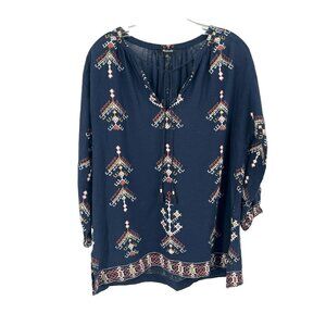 Madewell Marta Folkstich Popover Top Embroidered Boho Navy Blue Sz XS